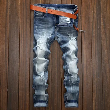 

Men Jeans Stretch Skinny Hole Washed Casual Solid Men Denim Jeans Slim Retro Pleated Distressed 2018 Spring Autumn Vintage