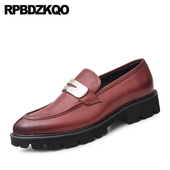 

Brogue Genuine Leather Men Pointed Toe Dress Shoes Formal Metal Business Loafers Platform Wedding Black Solid Burgundy Creepers