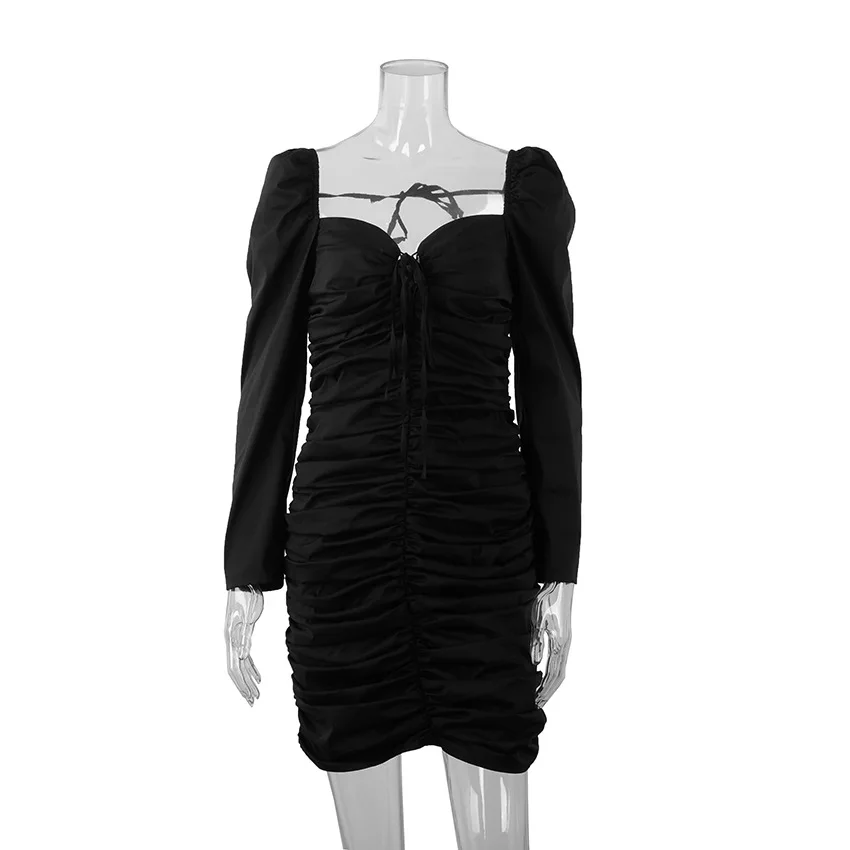 Сексуальное черное облегающее платье со шнуровкой, женское летнее платье, элегантное Клубное платье с длинным рукавом, корейское облегающее платье