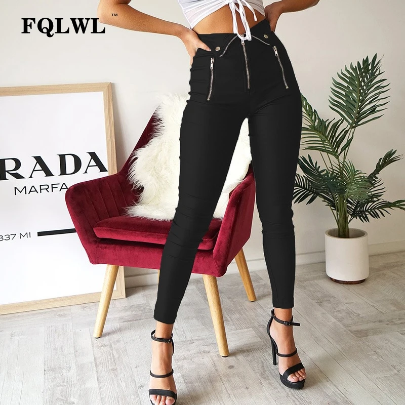 FQLWL панковские женские брюки с высокой талией, узкие черные обтягивающие брюки на молнии, женские зимние осенние уличные сексуальные брюки, женские брюки - Цвет: Черный