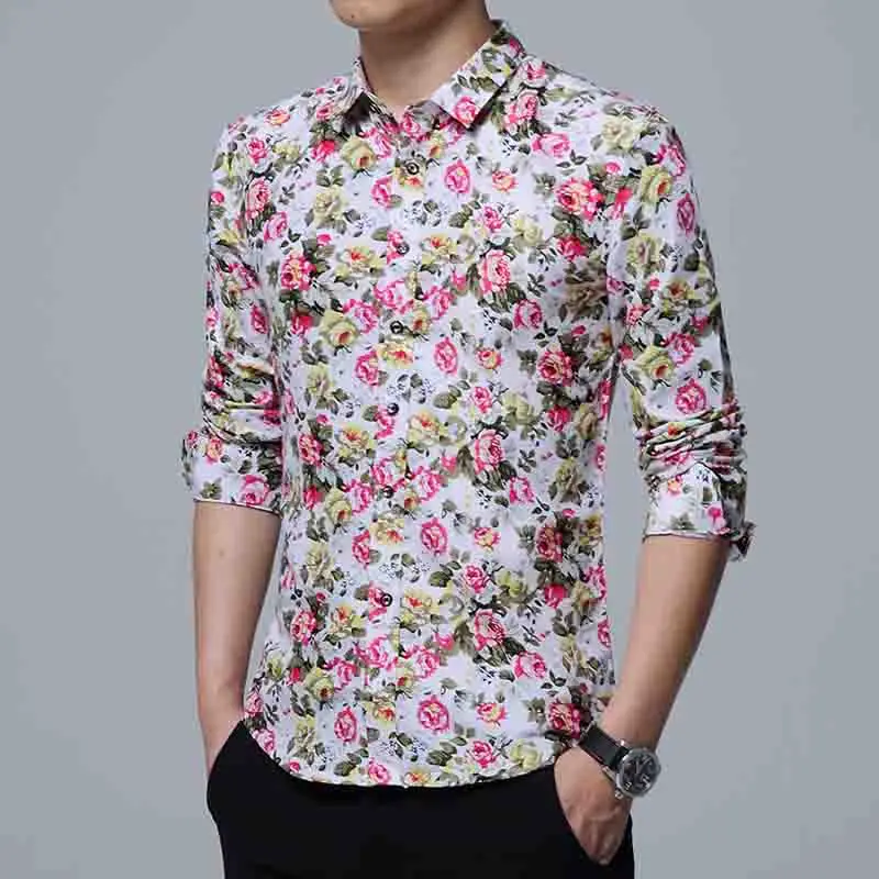 Приталенная рубашка с длинным рукавом и цветочным принтом, Мужская одежда, трендовая повседневная мужская рубашка с цветочным принтом в стиле ретро, Повседневная рубашка с принтом роз и длинными рукавами - Цвет: Розовый
