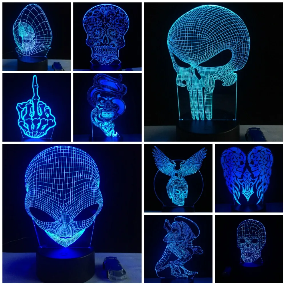СВЕТОДИОДНЫЙ 3D светильник Eagle Skull Alien лампа USB RGB ночник разноцветный настольная