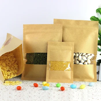 

100pcs/lot 9sizes Kraft Paper Packaging bag Transparant windows Flat Bottom Zipper Packing Bags zipper lock Retailer Package