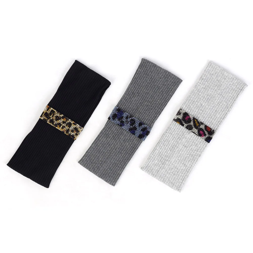 

Woman Cotton Leopard Rhinestones Headbands Headwear Fashion Boho Soft Ribbed Elastic Hair band Accessories Party Turban