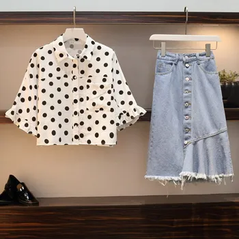 

Women Polka Dot Plus Size Suits Fashion Shirt And Denim Midi Skirt Sets Two Pieces Set Summer Beach Outfit