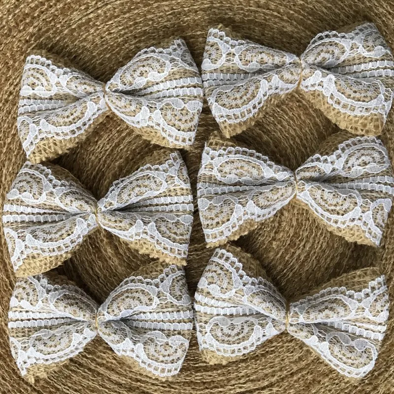 

ZIMA 10pcs Wedding Decoration rustic mariage bow knot Vintage Natural Jute Burlap hessian bows lace ribbon HD001
