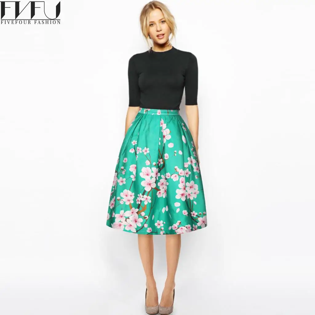 Fashion 2018 Summer Loose Green Skirts Womens Sexy Floral Print Skirt
