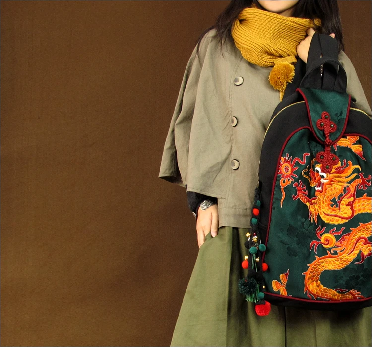 Новейший этнический рисунок дракона вышивка сумки Naxi. Hani Бренд Винтаж Мода унисекс холст путешествия рюкзак