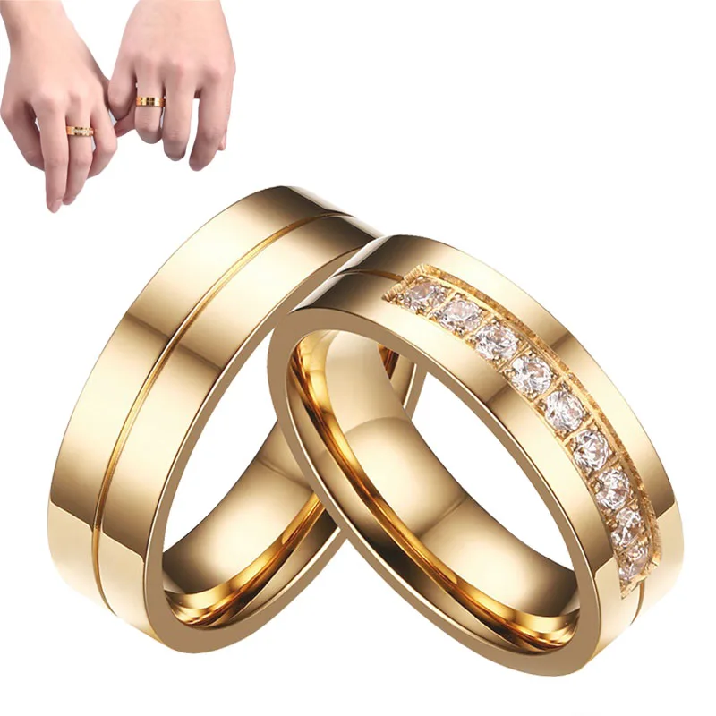 Hot 1Pc Charming Delicate Titanium Steel Crystal Golden Men/Women Boys/Girls Couples Ring Engagement Rings Fashion