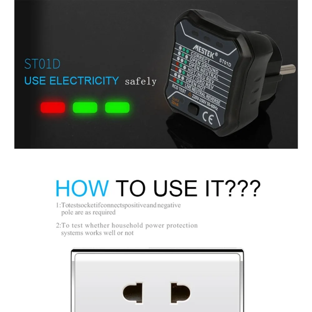 MESTEK ST01D розетка тест er цепи полярности детектор напряжения настенная вилка выключатель Finder RCD тест 220-250 В ЕС вилка