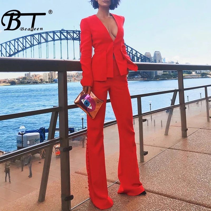 2018 V Blazer Picec Formelle À Pantalons 2 Ensembles Longues Manches Costumes Lady Flare Ol cou Beateen Large Rouge Jambe Pantalon pdRwqp5