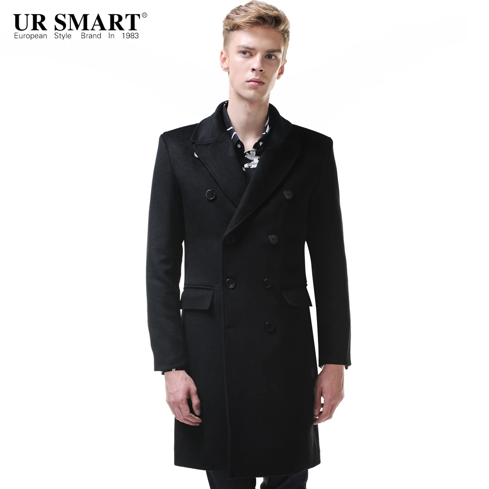 

URSMSRT 2015 new double-breasted wool coat Mens black male style coat jacket