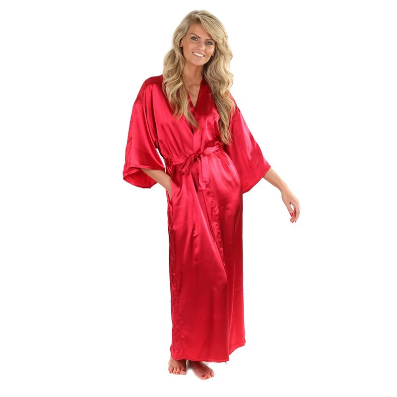 Wine red Lengthen Robe Lady Kimono Robe Satin Dressing Gown Wedding