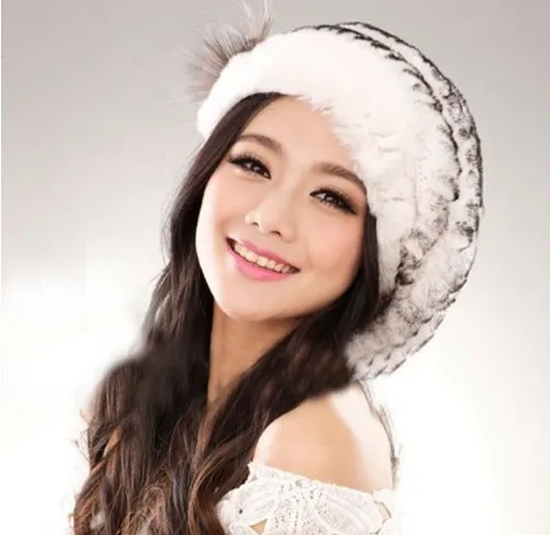 Лидер продаж, женские Модные Отличные трикотажные натуральным шапка из меха кролика Рекс натуральная Для женщин модная зимняя одежда кепки высокое качество берет H608 - Цвет: white gray