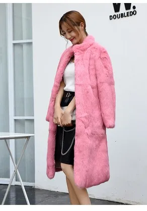 Новая модная женская длинная шуба из кроличьего меха, Женская длинная куртка из натурального меха 100 см, верхняя одежда, пальто на заказ любого размера - Цвет: Розовый