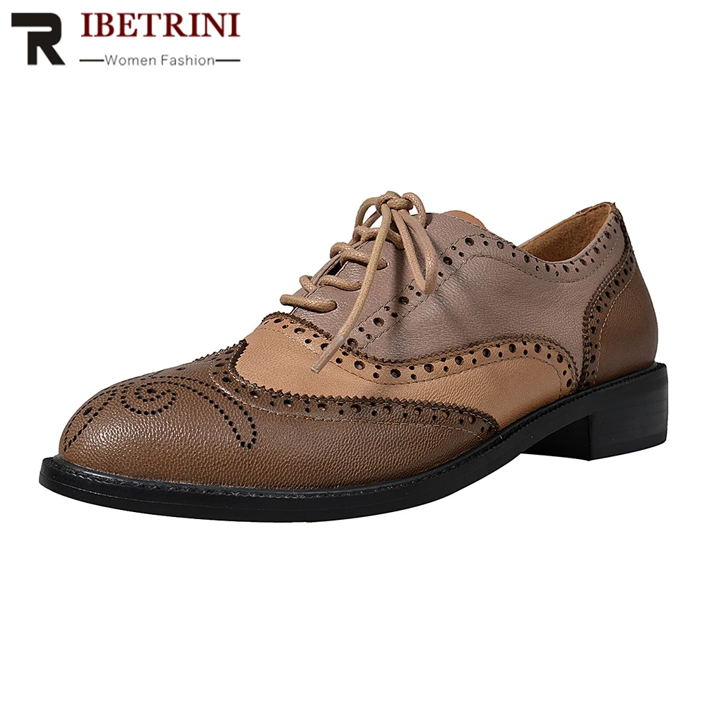 

RIBETRINI Top Quality Sheepskin Brogue Shoes Woman Flats Female Retro British Style Shoelaces Casual Women Shoes Footwear