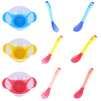 

Baby Learning Dishes Assist Bowl With Suction Cup Assist Bowl Temperature Sensing Spoon Fork Tableware Kid Self Feedding Tools