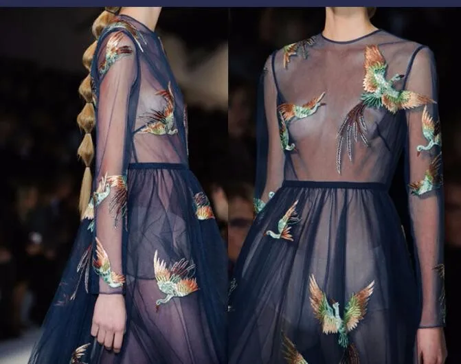 Новая темно-синяя кружевная ткань платье сетка Марля ткань кружево Птицы вышитые Одежда из ткани аксессуары животный дизайн