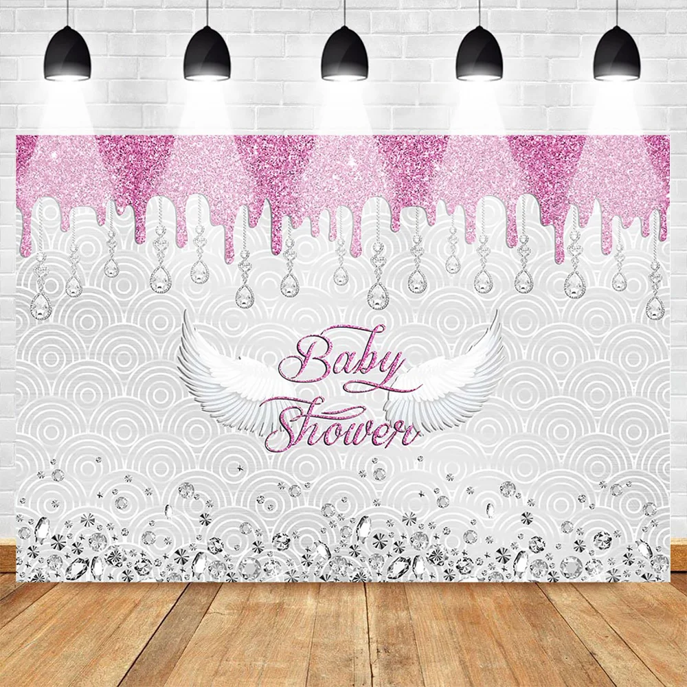 Neoback Baby Shower Photo Backdrop for Photography Newborn Angel Wing White Red Shiny Background Diamond Repeat Pattern