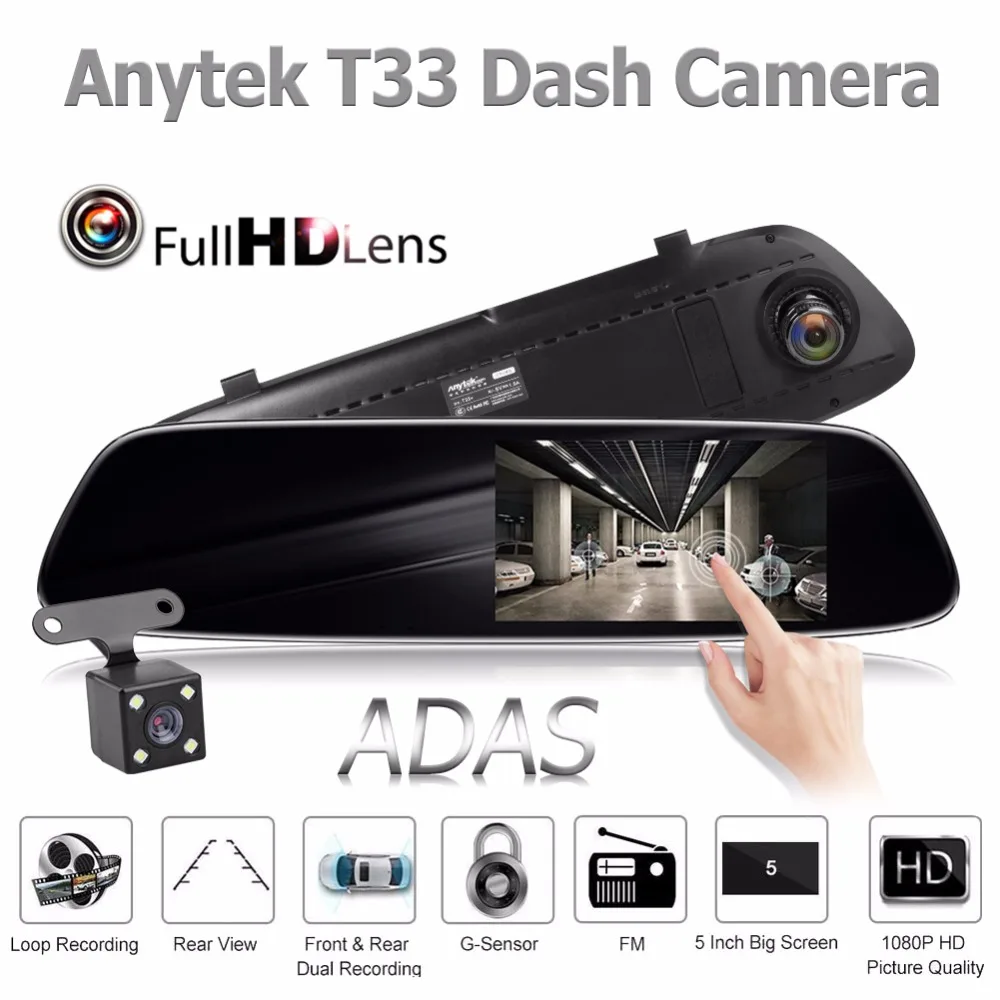

Anytek T33+ Car DVR 5" Touch Screen Dual Lens Car Camera FHD 1080P Video Recorder Rearview Mirror With Rearview DVR Dash Cam