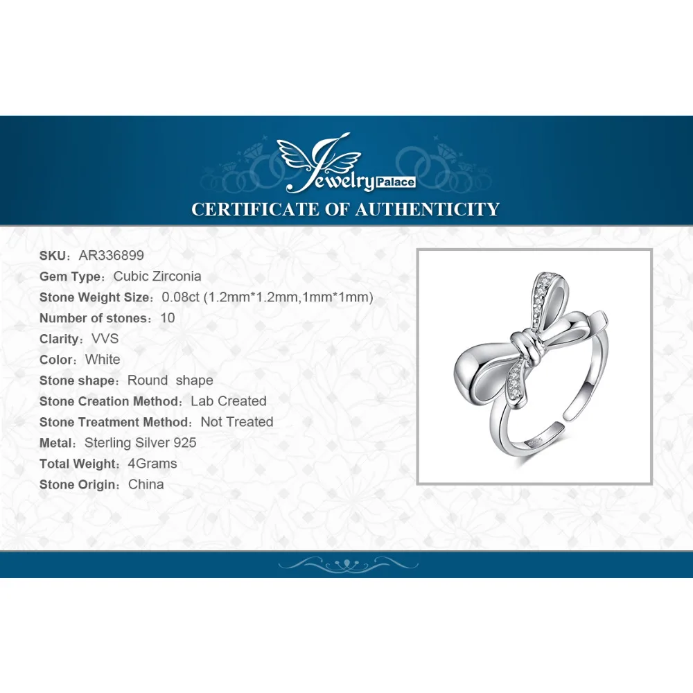 JewelryPalace модный кубический цирконий бантом обещание Регулируемая кольцо 925 пробы