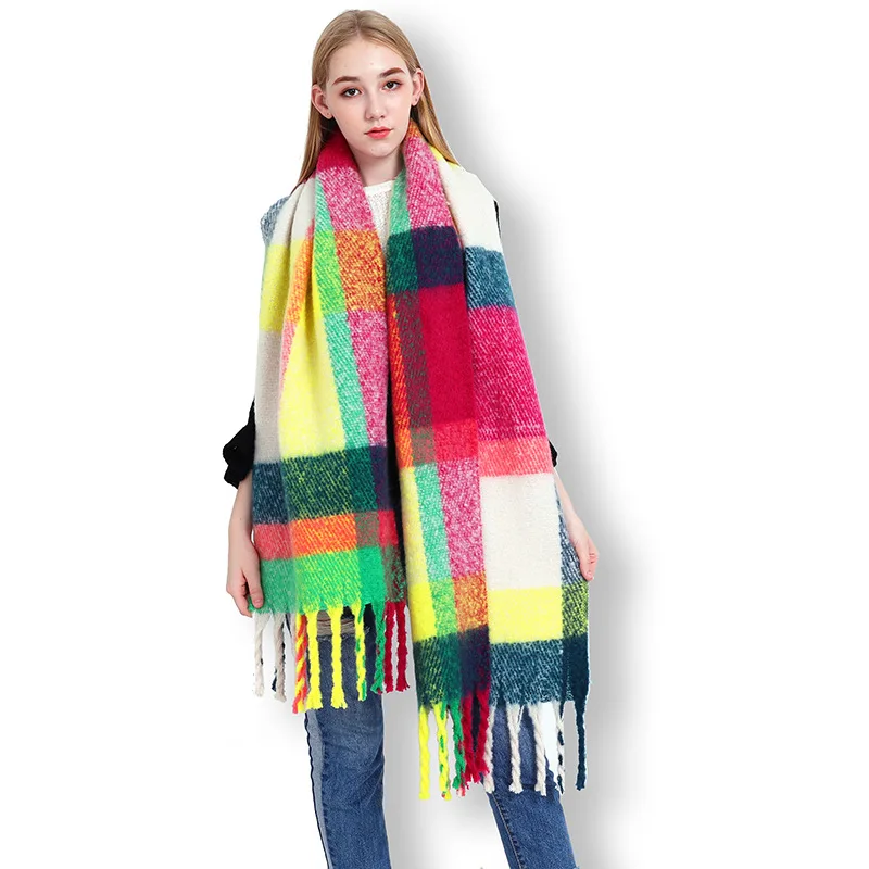 Kaufen Multi farbe winter frauen kaschmir chuncky schal überprüfen schal decke oversize designer wraps foulard femme LL181047