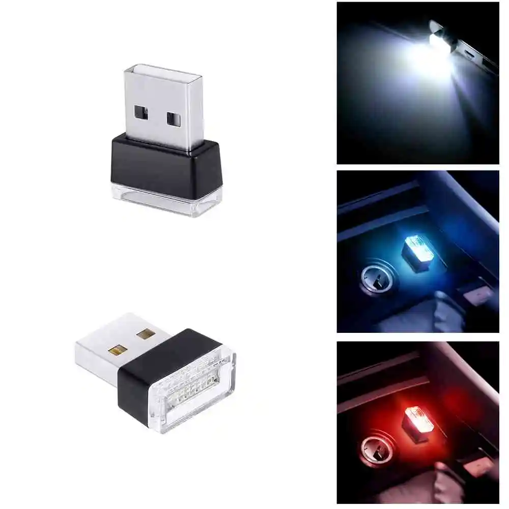 1Pc Car Mini USB LED Atmosphere Lights Car Decorative Lamp Emergency Lighting Universal PC Portable Plug and Play Red/Blue/White