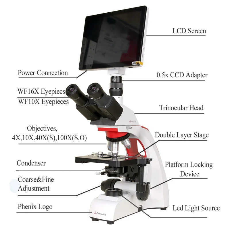 Phix Профессиональный цифровой микроскоп 40X-1600X тринокулярный биологический микроскоп 9,7 дюймов ЖК-экран 5MP камера для студентов