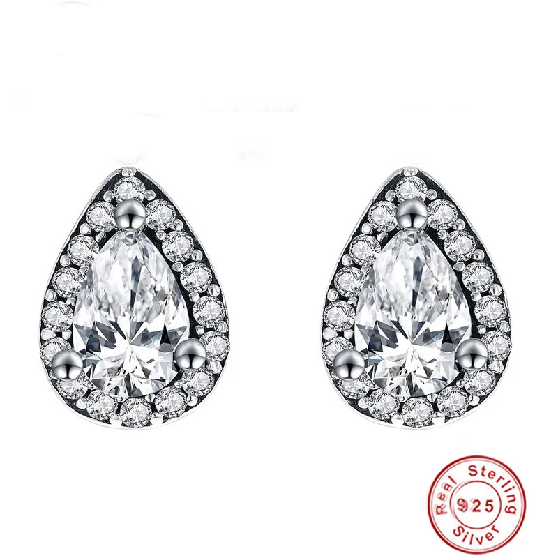

Authentic 100% 925 Sterling Silver water-drop shape with Clear CZ Stud Earrings for Women Sterling Silver wedding Jewelry