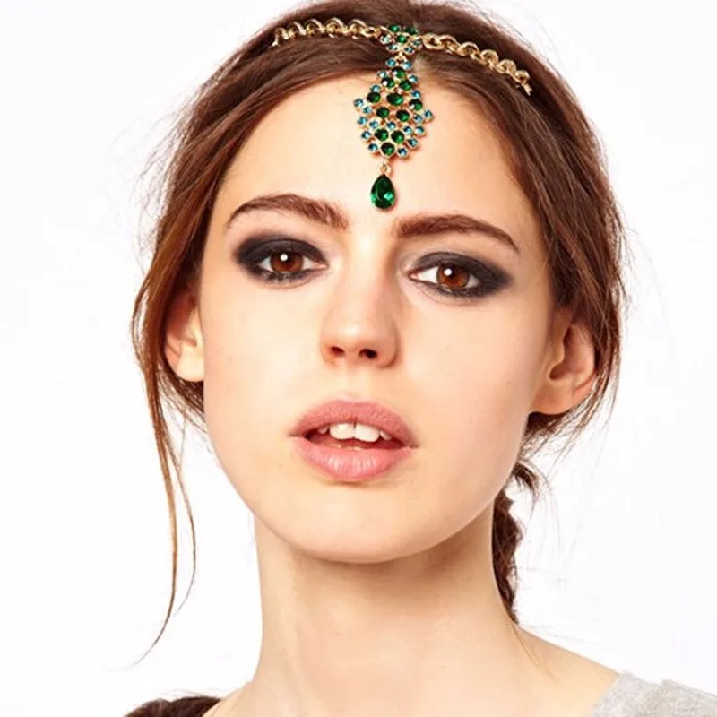 Капли воды зеленые прозрачные Стразы Свадебная цепочка на голову с заколкой для волос на лоб индийский головной убор для женщин Свадебные украшения для волос