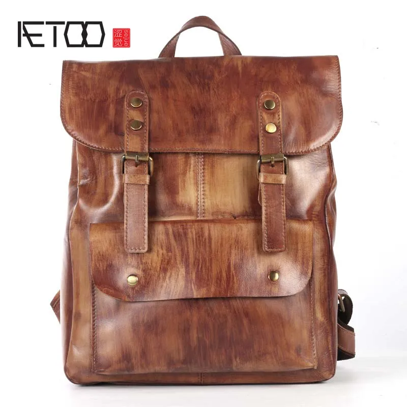

AETOO Original first layer leather backpack men cow leather shoulder bag retro backpack travel bag leisure large male bag
