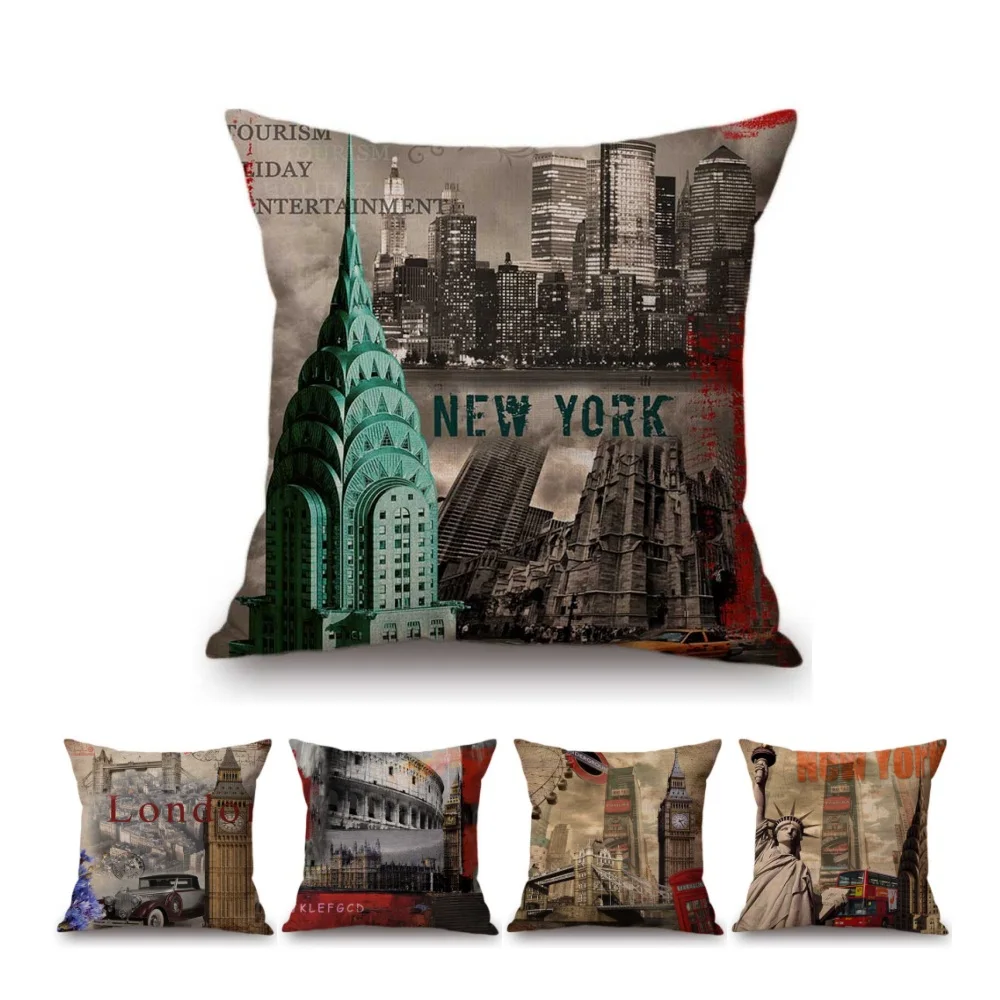 

Nostalgic New York Statue of Liberty Big Ben Colosseum Vintage Post Stamps Style Home Decorative Pillow Sofa Cushion Cover Case