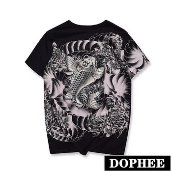

Japanese Vintage Carp Embroidery Short-sleeved T-shirt Men's Pure Cotton Plus Size Shirt Women and Men Couples Loose Tee Tops