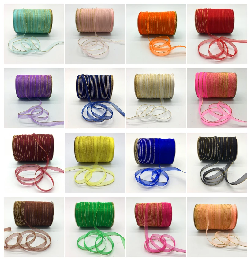 

10yds/lot 3/8" 10mm Glitter Golden Rimmed Organza Ribbon Bow Hair Wedding Decoration Lace Crafts Pick Color