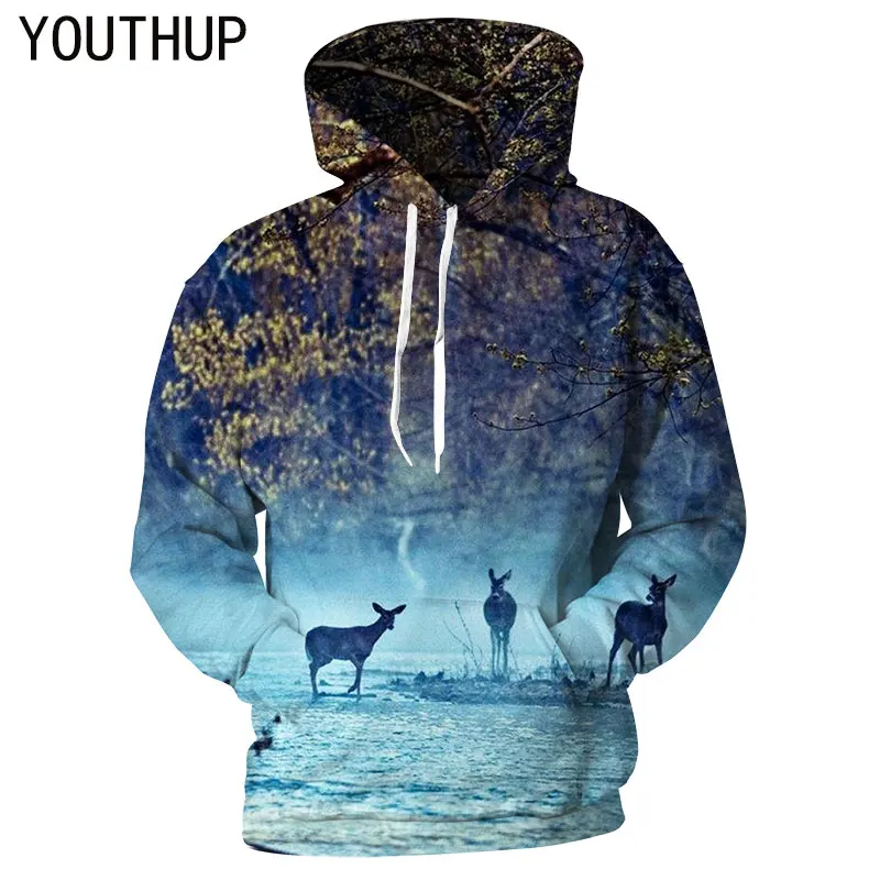 YOUTHUP 3D Hoodies Men Print Deer Tree Pullover Hooded Sweatshirts Men
