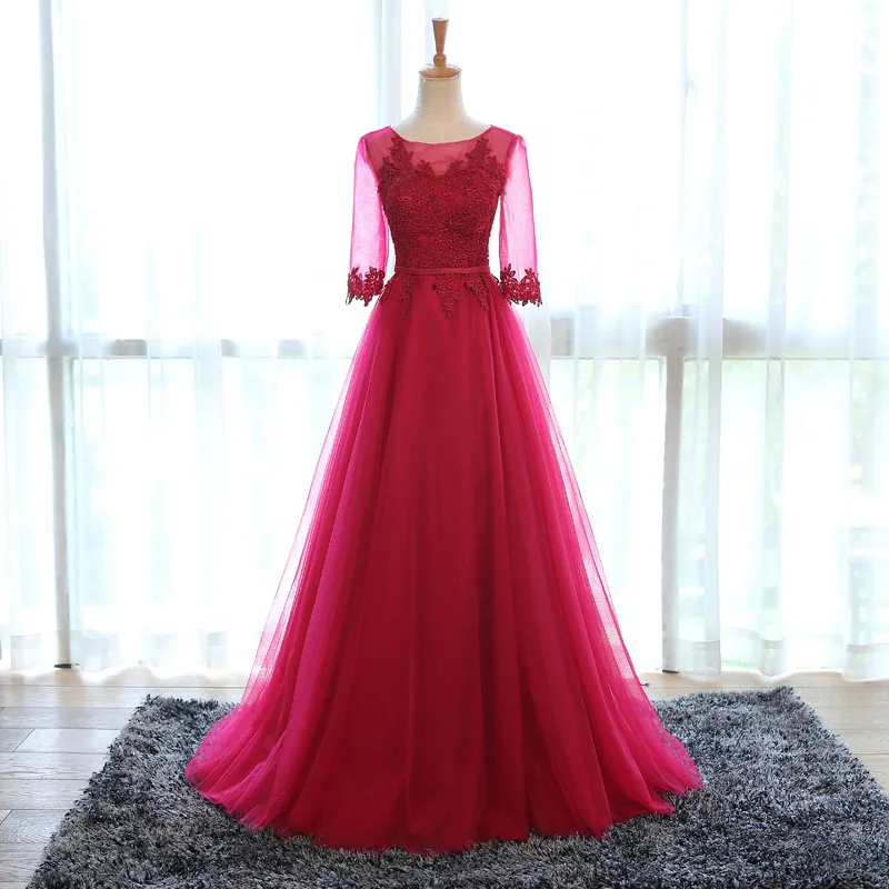 Elegant Wine Colored Appliqued Long Sleeves Prom Dress 2017 Tulle Evening Dress Long Formal Dress abendkleider