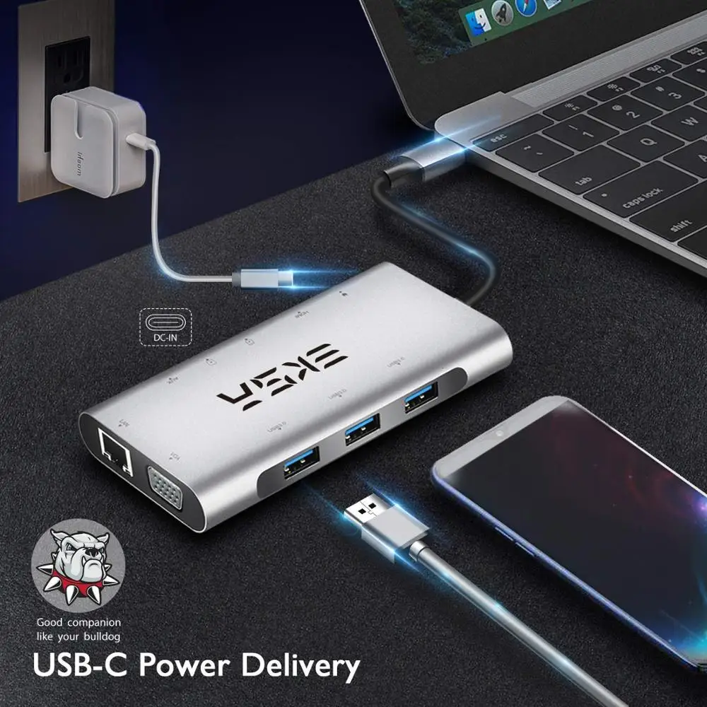 EKSA usb-хаб 10 в 1 type C концентратор 3,0 с 3 портами USB 3,0, 4K HDMI, 1080P VGA, RJ45, 3,5 мм разъем, кардридер для huawei P20 Pro