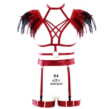 

Body Harness Lingerie Set For Women Red Bondage Bra Belt Goth Garter Feather Fetish Club Halloween Festival Dance Rave Wear