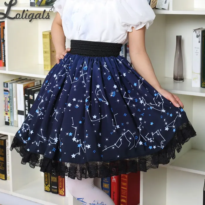 Kawaii Mori Girl Short Skirt Sweet Navy Blue Starry Night Printed Skater Skirt for Women tb style classic double sleeved red white and blue striped gold button high waist short jacket casual suit small suit