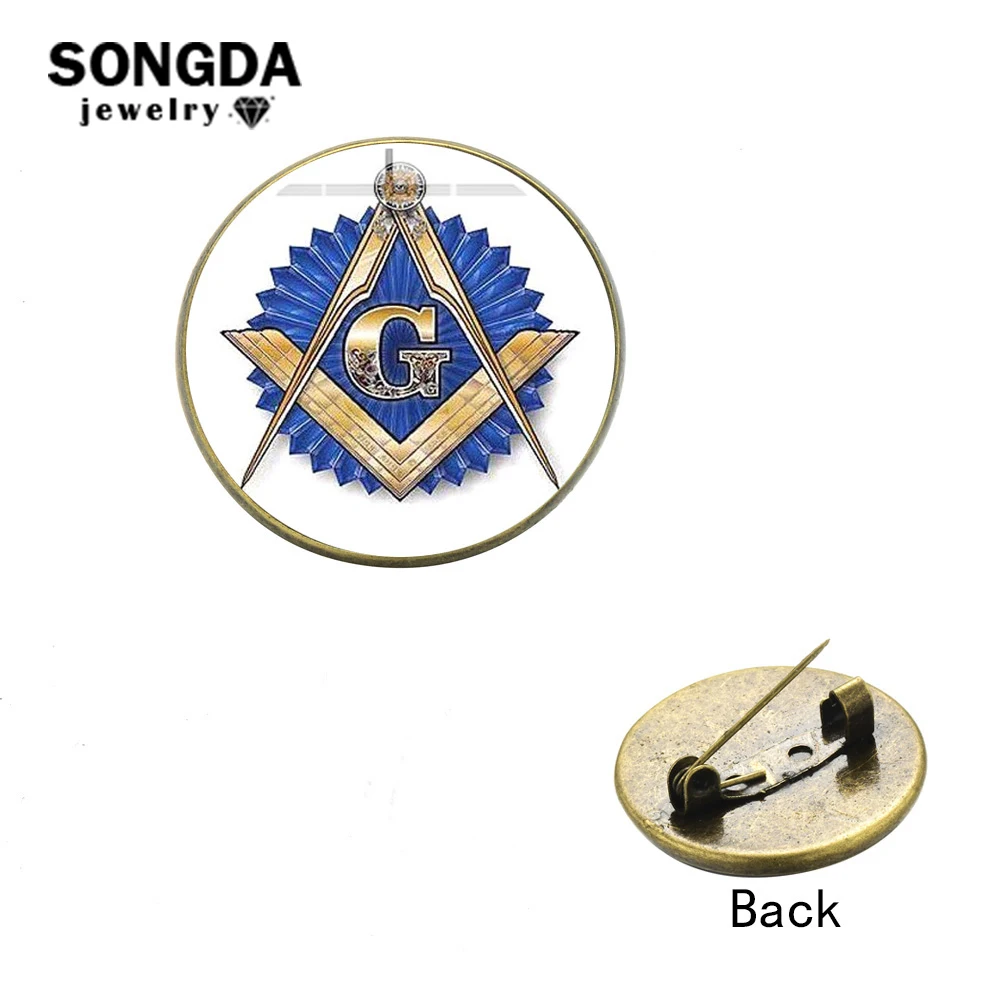 

SONGDA Masonic Lapel Pin Badge Freemasonry Square G and Compass Blue Round Glass Dome Icon Brooch Souvenir for Mason Freemason