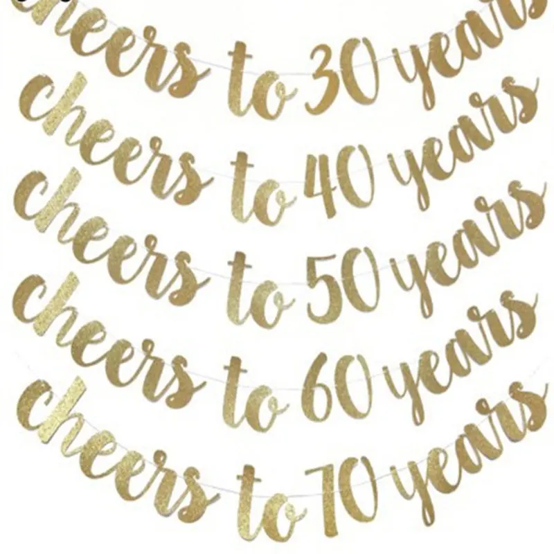 

Golden Glitter Cheers To 30 40 50 60 70 Years English Letter String Flag Birthday Party Banner Wedding Party Supplies Ornament