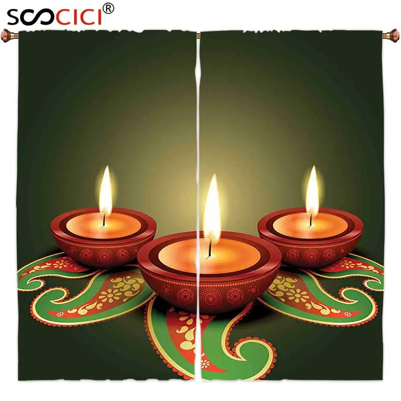 

Window Curtains Treatments 2 Panels,Diwali Decor Paisley Decor Indian Festive Celebration Diwali Candles Burning Art Print