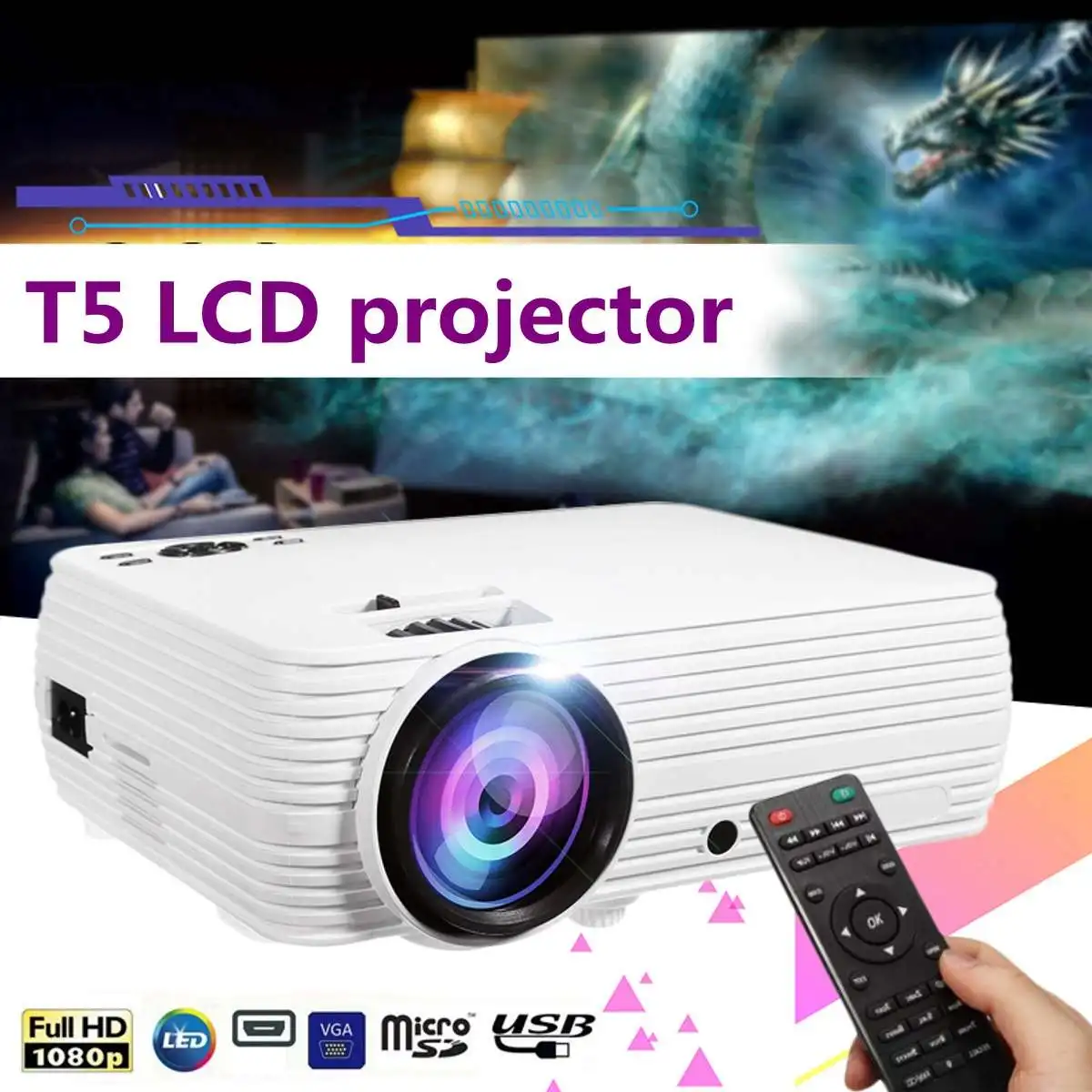 

Mini Projector 7000 Lumens LCD 1080P FHD Wifi bluetooth Home Theater Android 6.0 X5 Audio Speaker Home Theater Cinema