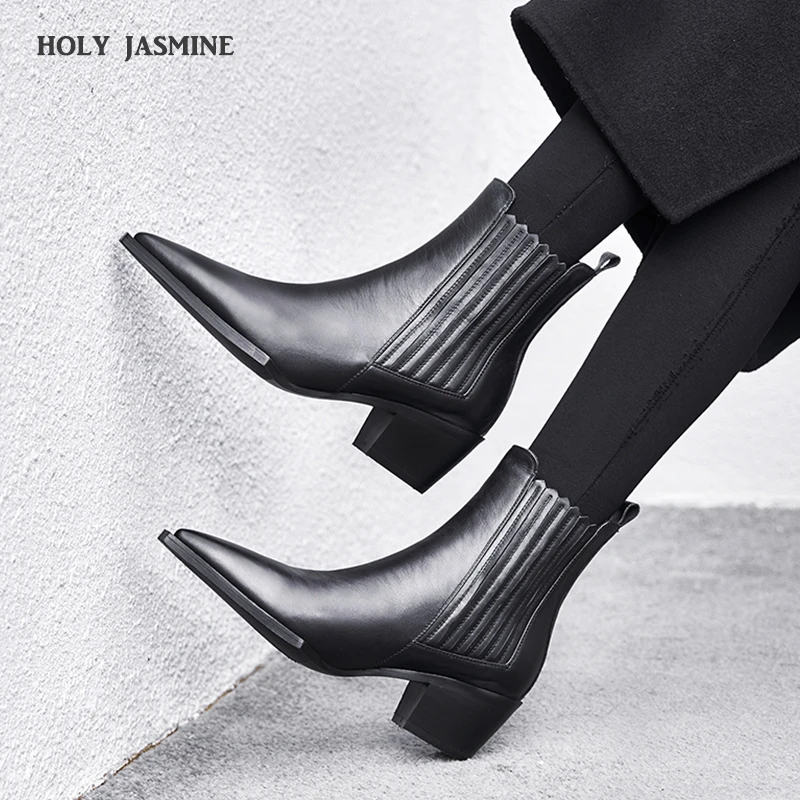 

2019 Spring Women's Leather Boots Black Women's Winter Chelsea Boots Slip on Ankle Boots for Women Brand Chaussure Bottes Femme
