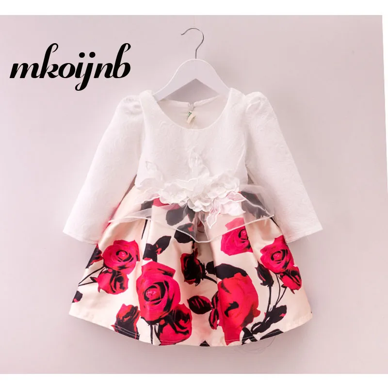 

2018 New Girl Dress Long Sleeve Cotton Print Flowers Dress Princess Party Lace Kids Clothes Baby Girl Dresses 3 4 5 6 7 8 Years