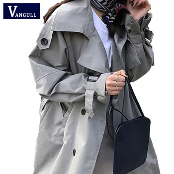 

Vangull New Spring Autumn Korean Fashion Double Breasted Mid-long Trench Coat Mujer Loose Belt Large Size Windbreak Outwear 2019