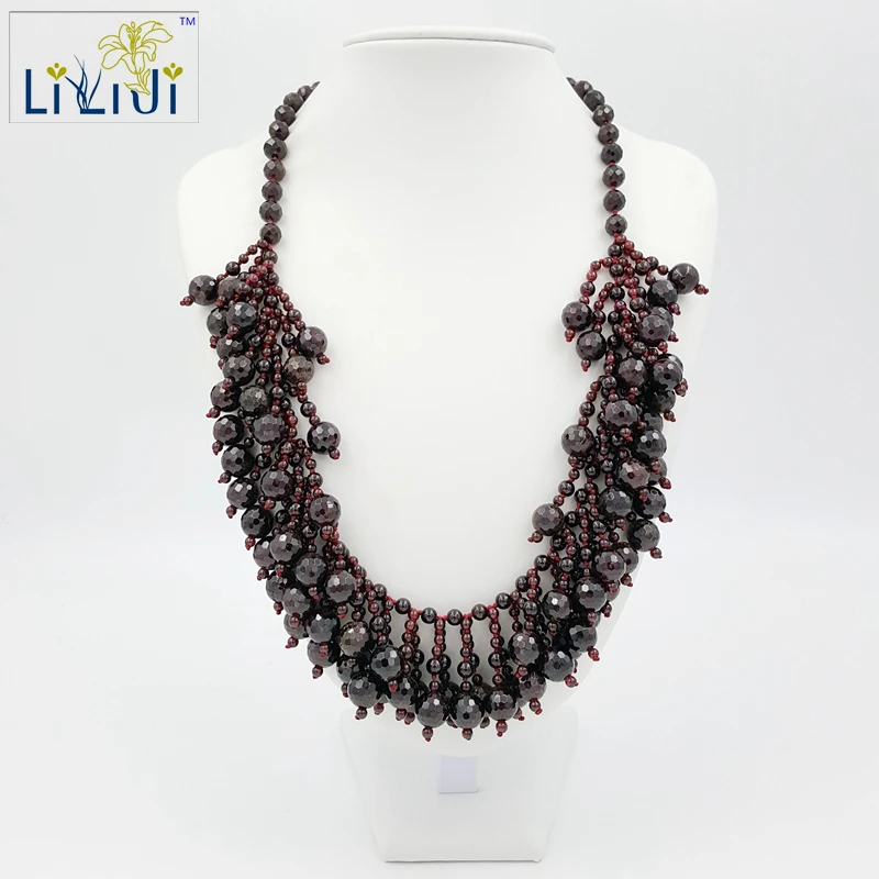

Lii Ji Natural Garnet with Jade Toggle Clasp Handmade Knitting Necklace