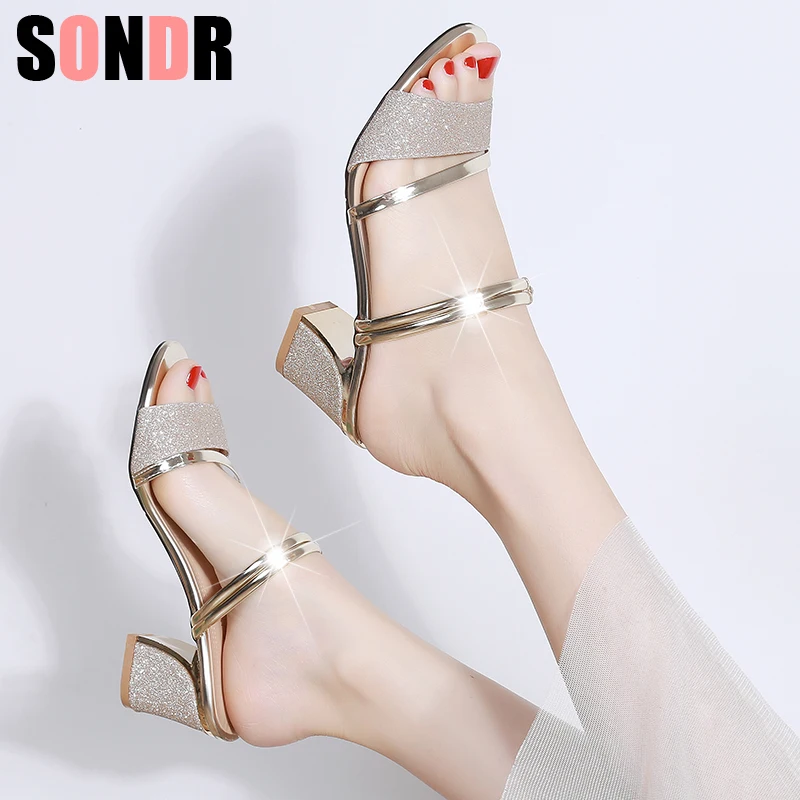 

Metal Square Heel Women Sandals Women Heel Shoes Gold Sliver Peep Toe Party Ladies Sandals 2018 Summer Sandals Woman size35-40