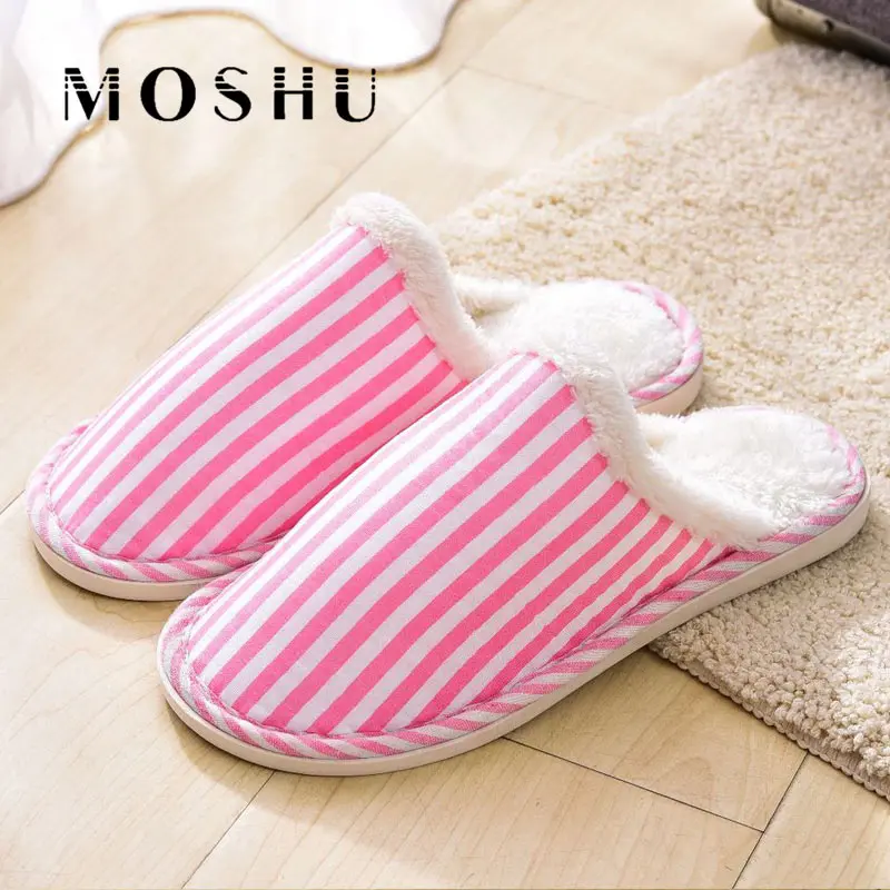 

Autumn Winter Cotton Slippers Women Indoor Non-slip Thick Soles Striped Cute Slippers Warm Soft Couple Shoes For Bedroom House