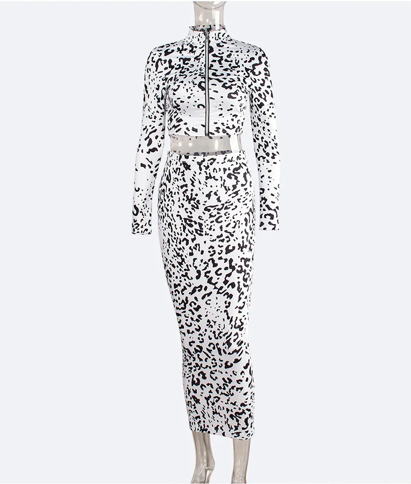 Bonnie Forest Для женщин сексуальный комплект из 2 предметов с платьем; платье белого цвета с леопардовым принтом на молнии комплект из двух вещей с длинным рукавом облегающий кроп топ+ юбка средней длины, набор